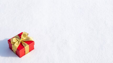 Bright red gift box tied with a shimmering gold bow resting alone in pristine white snow