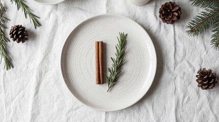 Simple holiday table setting features cinnamon sticks and fresh rosemary sprig on plate