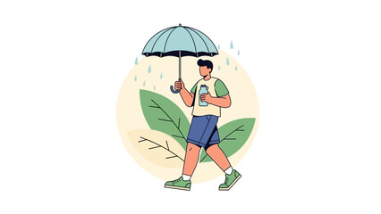 Young man walking in the rain holding an umbrella and a smartphone in a minimalistic illustration