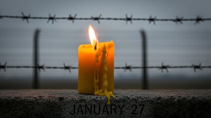 A single lit candle on a concrete surface with barbed wire in the background on international holocaust remembrance day january 27 with hope with war