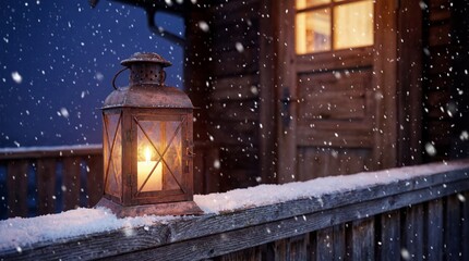 Rustic copper lantern glows warmly beside a snowy wooden porch railing during snowfall