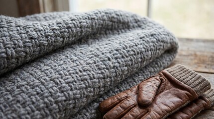 Warm gray knit blanket texture rests beside a pair of worn brown leather driving gloves.