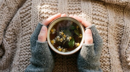 Steaming chamomile herbal tea held gently by hands in cozy knitted fingerless mittens now.