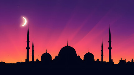 Stylized illustration of a mosque complex with minarets against a colorful gradient sunset sky and crescent moon