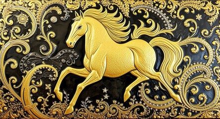 Luxurious Golden Stallion Horse in Ornate Thai Traditional Art Style, Intricate Gold Relief Carving on Black Background for Home Decoration and Feng Shui Prosperity Concept