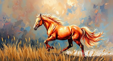 Dynamic Impressionist Oil Painting of a Galloping Horse in a Golden Field, Vibrant Abstract Brushstrokes and Warm Sunset Tones for Modern Interior Art Decor