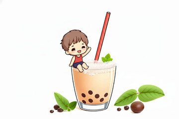 Cute Chibi Boy Mascot Sitting on a Glass of Refreshing Milk Bubble Tea with Boba Pearls, Happy Little Character Illustration Isolated on White for Beverage Cafe and Tea Shop Branding