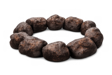 Stone circle forming a campfire ring or fire pit border, creating a primitive outdoor cooking area, transparent background