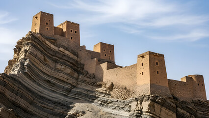 Za'bal Castle, a historic fort in Sakaka dramatically perched atop a sharp rock ridge, appearing to grow organically from the stone itself.