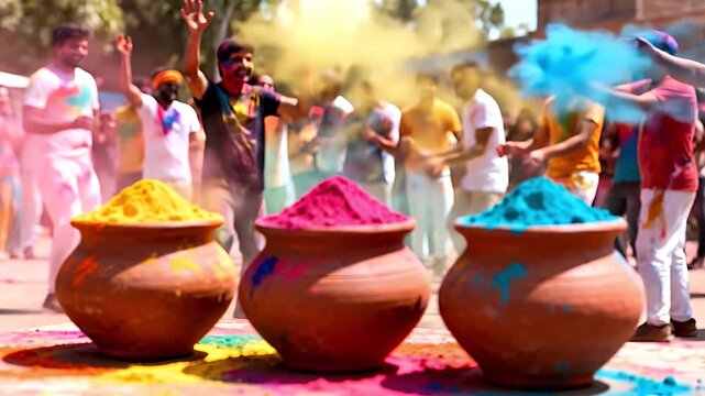 People celebrating the vibrant Hindu festival of Holi, throwing colorful powders from traditional clay pots under the bright sun.