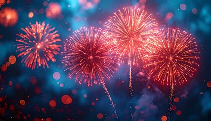 Red and Orange Fireworks Bursting Against Deep Blue Night Sky with Sparks and Festive Atmosphere
