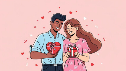 Couple exchanging gifts celebrating love and romance with heart-shaped boxes perfect for Valentines Day or anniversary