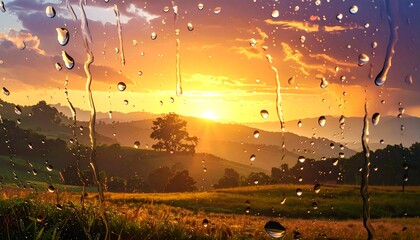 Golden Sunset Through Window with Water Droplets and Distant Landscape Under Colorful Sky