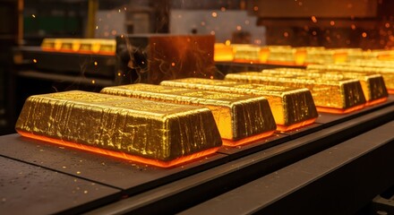 Hot gold ingots moving on a factory conveyor belt during the precious metal production process.