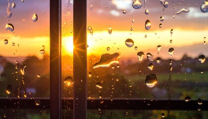 Golden Sunset Through Window with Water Droplets and Distant Landscape Under Colorful Sky