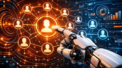 Artificial intelligence robot hand pointing at digital network with human icons symbolizing marketing strategy business management recruitment employment lead generation technology success concept