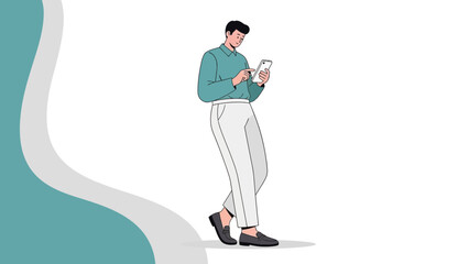 Fototapeta premium Stylish young man standing and using smartphone with focused expression in casual attire in a