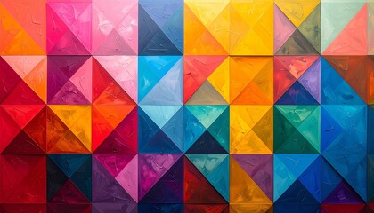 Colorful Geometric Grid of Triangular Pyramids with Gradient Spectrum from Warm to Cool Tones