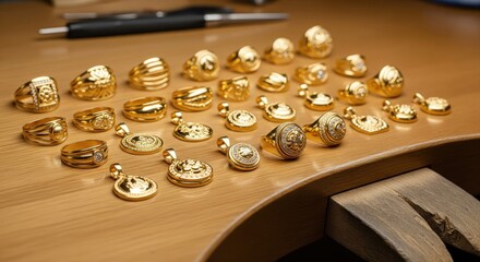 Assortment of ornate gold rings and pendants displayed on a wooden jeweler's workbench.
