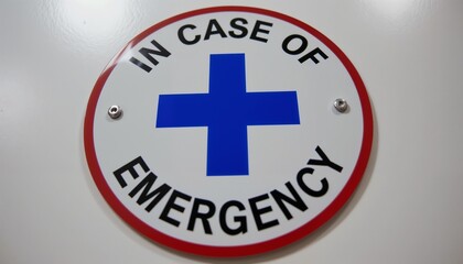 Obraz premium IN CASE OF EMERGENCY sign, circular design, safety symbol, alert message, copy space