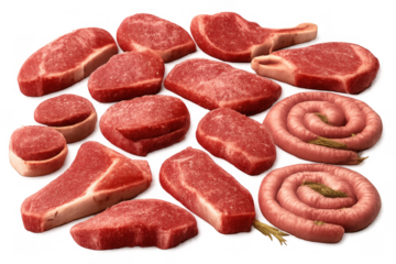Assortment of raw meat cuts, steaks, and spiral sausages, ready for grilling or cooking, transparent background