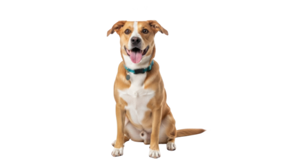 A happy mixedbreed dog sitting attentively.