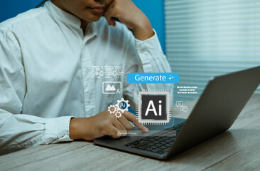 Business professional using laptop AI generate interface prompt engineering, artificial intelligence development system, Concept of generative AI, automation, machine learning transformation future
