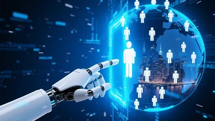 Marketing strategy business management recruitment employment lead generation technology digital innovation automation artificial intelligence robot hand interacting with human icons globe - Powered by Adobe