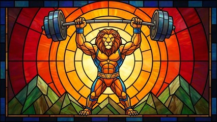Muscular lion lifting weights in colorful stained glass art