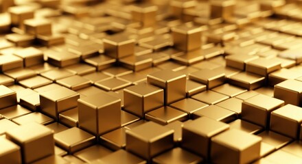 Abstract background of shiny golden cubes arranged in a dense geometric grid.