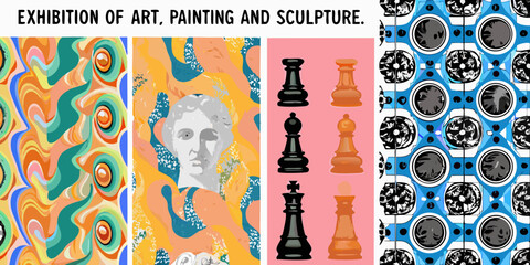 A vibrant collage of patterned artworks paintings chess pieces and portraits