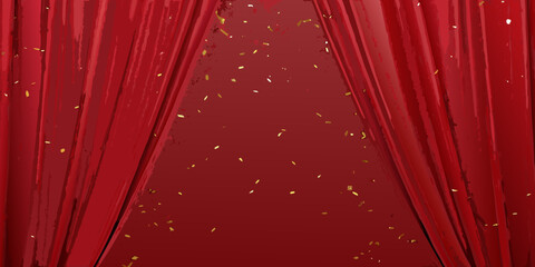 Red stage curtains parted with golden confetti falling a dramatic presentation