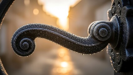 Ornate wrought iron scrollwork handle covered densely with shimmering morning dew droplets