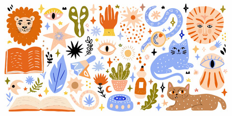 A whimsical illustration featuring lions cats eyes books and various magical elements