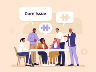 Team discussing a core issue represented by a puzzle piece connection