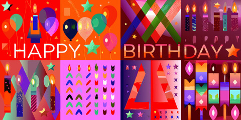 Colorful birthday celebration with balloons stars and festive geometric patterns