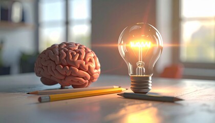 Glowing Light Bulb with Brain-Shaped Filament and Brain Models on Wooden Surface in Warmly Lit Room