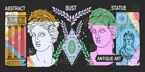 Collage of classical busts and abstract geometric shapes in vibrant colors