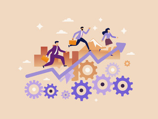 Business people climbing a rising arrow made of blocks and gears