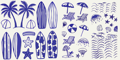 A collection of summer beach elements in a blue and white illustration
