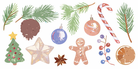 Festive christmas decorations including pine branches ornaments and sweet treats