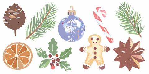 Watercolor christmas elements pine cones ornaments and festive holiday treats