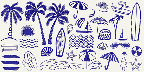 A collection of hand drawn summer icons including palm trees and beach items