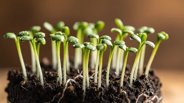 A video showcasing a close-up of multiple green seedlings growing in soil