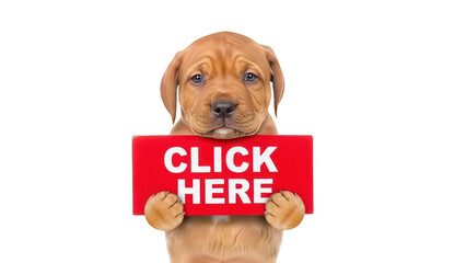 Adorable puppy holding a red sign that says CLICK HERE.