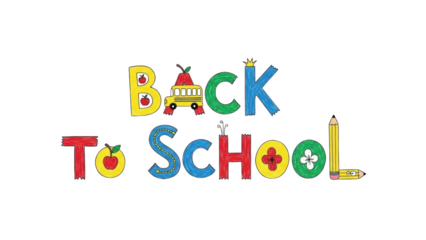 Back To School Text with School Supplies and Bus.