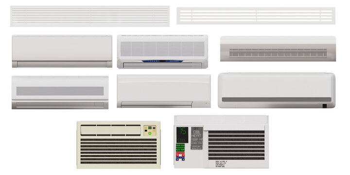 Collection of Modern Wall-Mounted and Window Air Conditioner Units with Vents - 3D Illustration