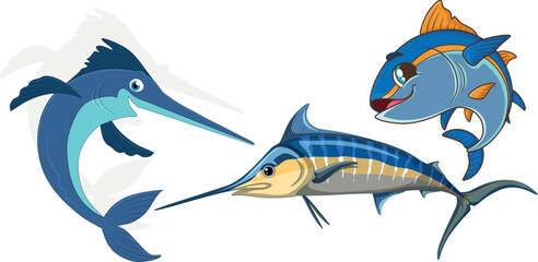 Yellowtail Fish Illustration Set, Marine Seafood Species Collection, Detailed Aquatic Animal Vector Illustration