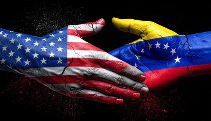Cracked handshake painted as US and Venezuela flags broken diplomacy