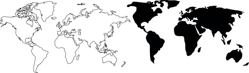 World Map Outline and Filled Set, Global Continents Shape Collection, Geographic Vector Illustration